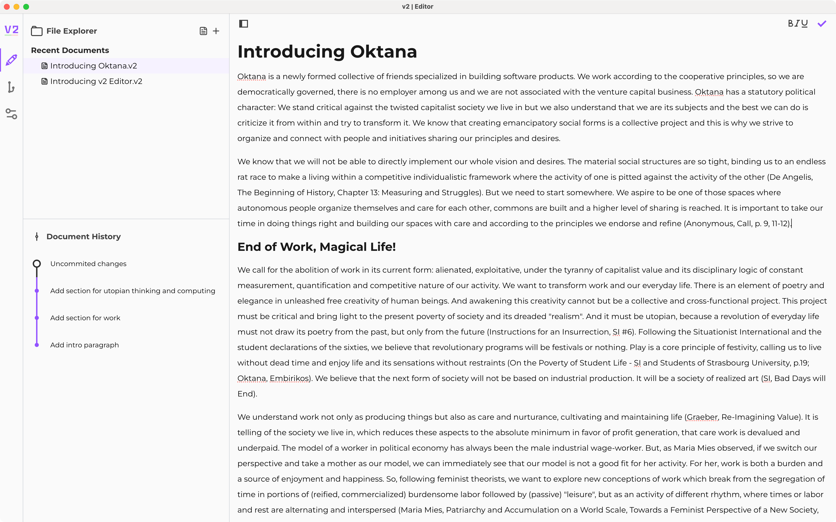 V2 Editor interface showing document editing